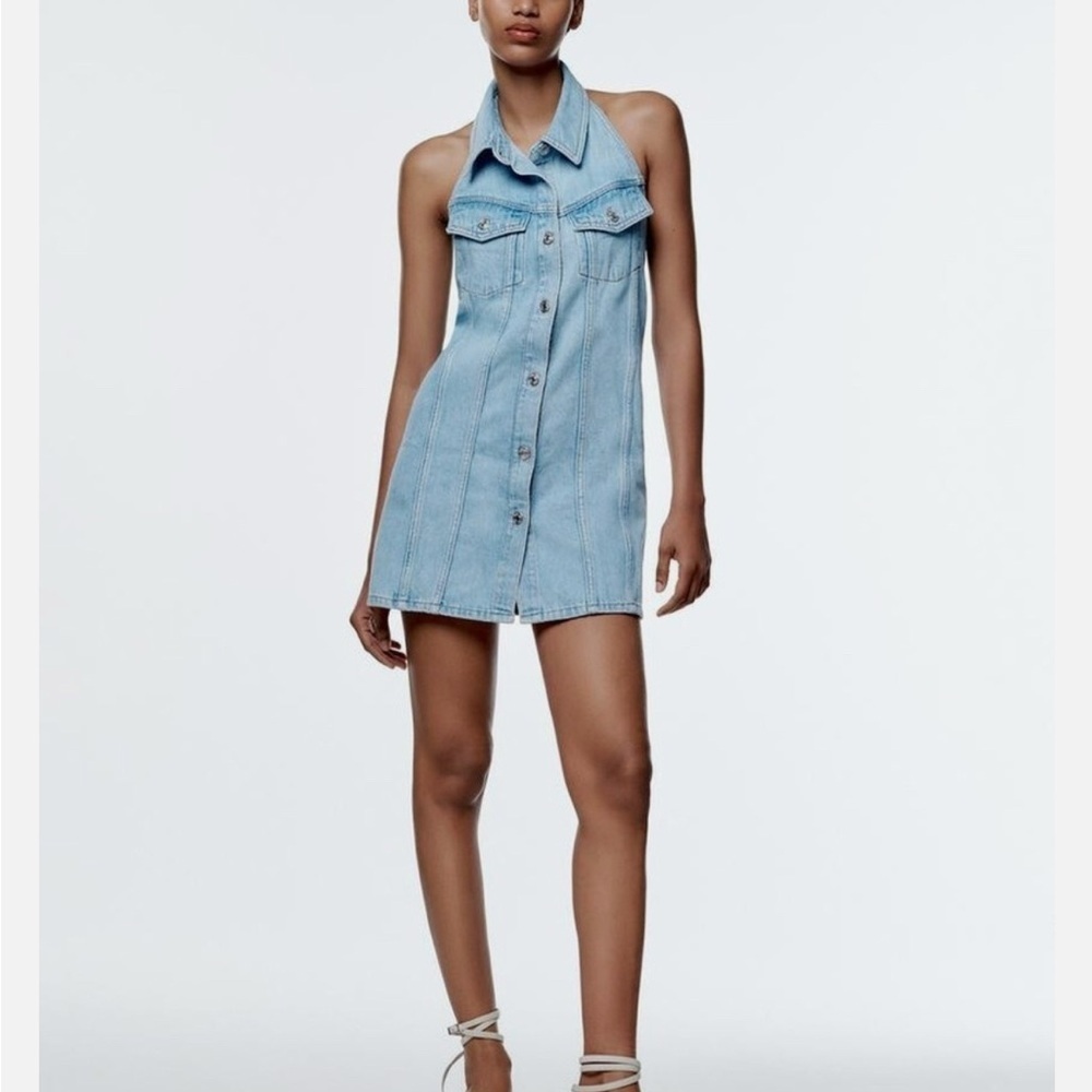 Sleeveless Light Blue Denim Halter Mini Dress